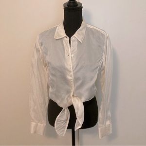 Vtg Sheer Emanuel Ungaro 100% Silk Button Down Cropped Shirt/Blouse Tie Front